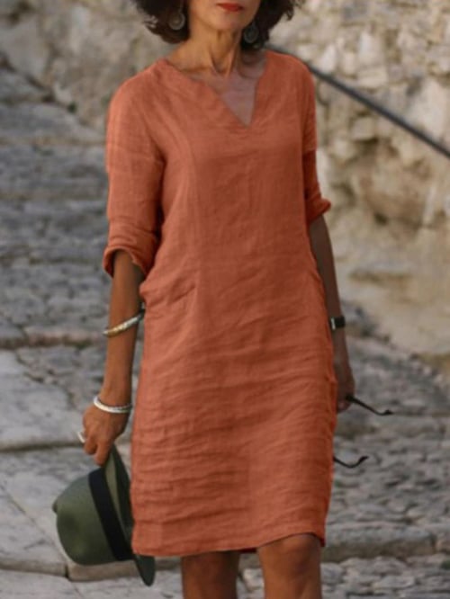 V-Neck Cotton Linen Dress