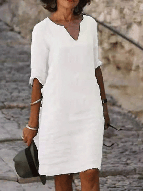 V-Neck Cotton Linen Dress