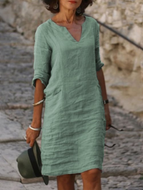 V-Neck Cotton Linen Dress