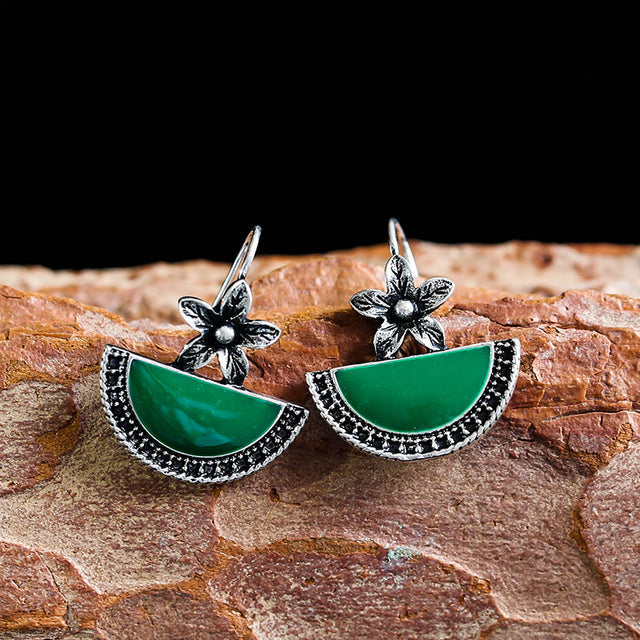Vintage Groene en Zilveren Bloem Oorbellen