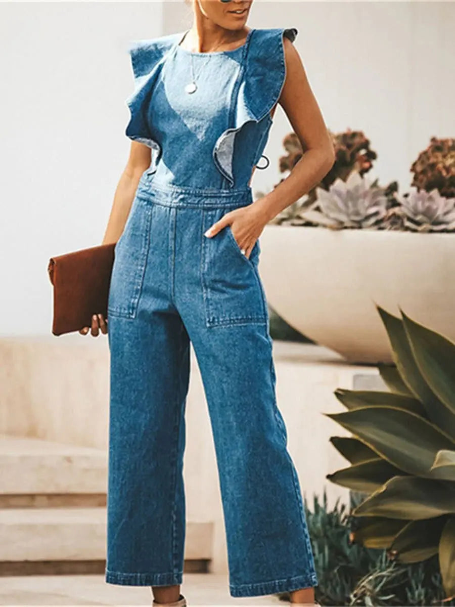 Ruffled Sleeveless Cowboy Jumpsuit