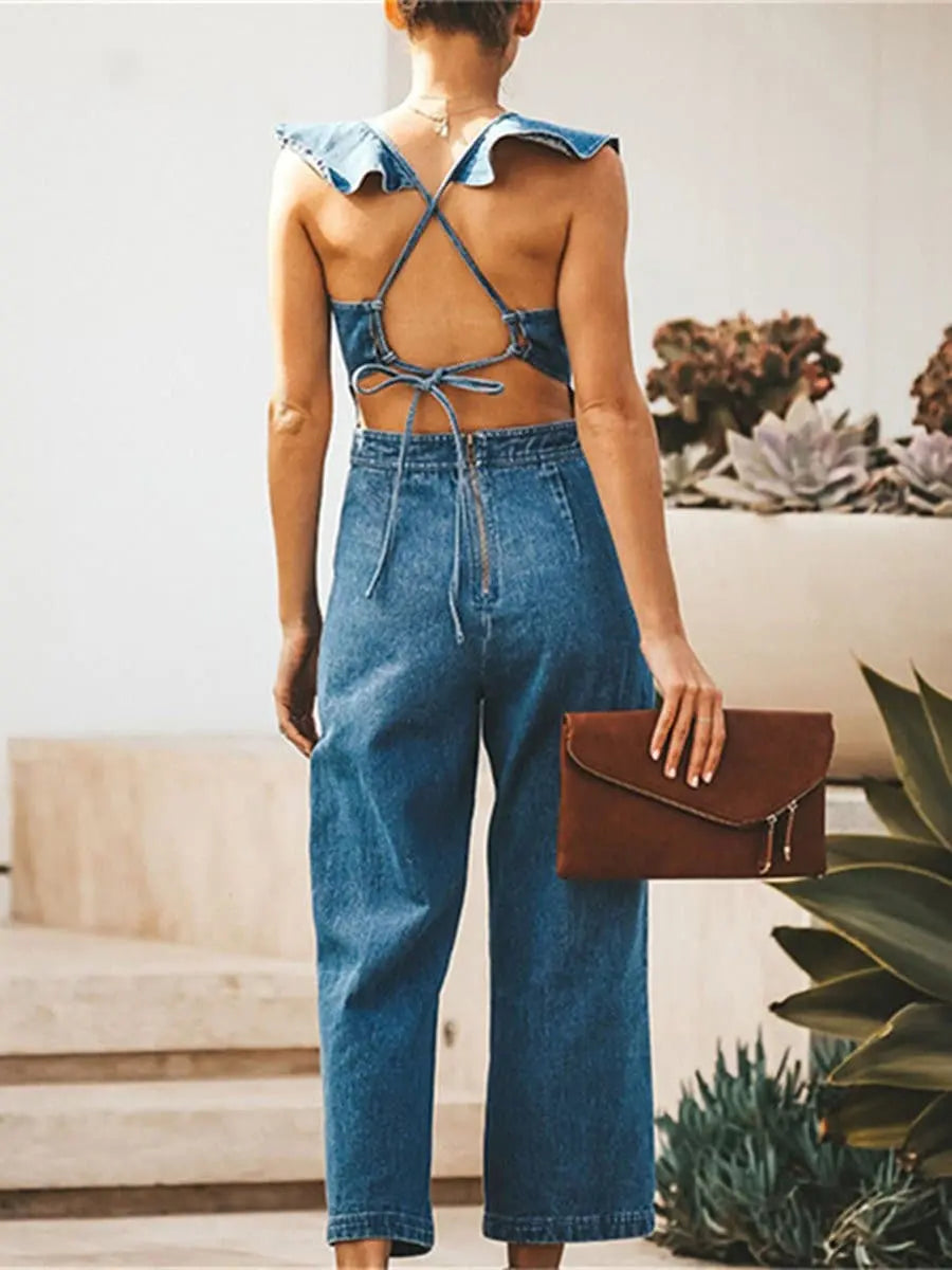 Ruffled Sleeveless Cowboy Jumpsuit