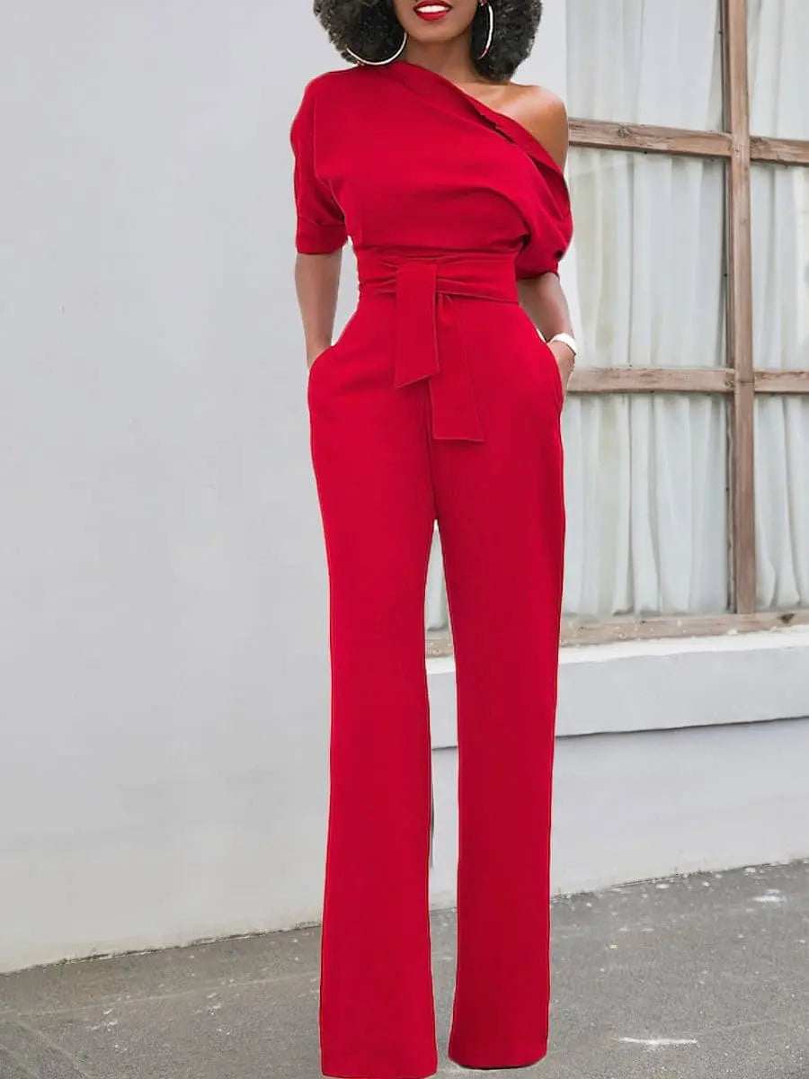 Sloping Shoulder Belted Jumpsuit
