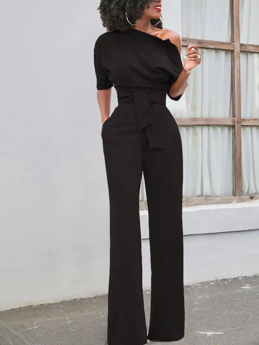 Sloping Shoulder Belted Jumpsuit