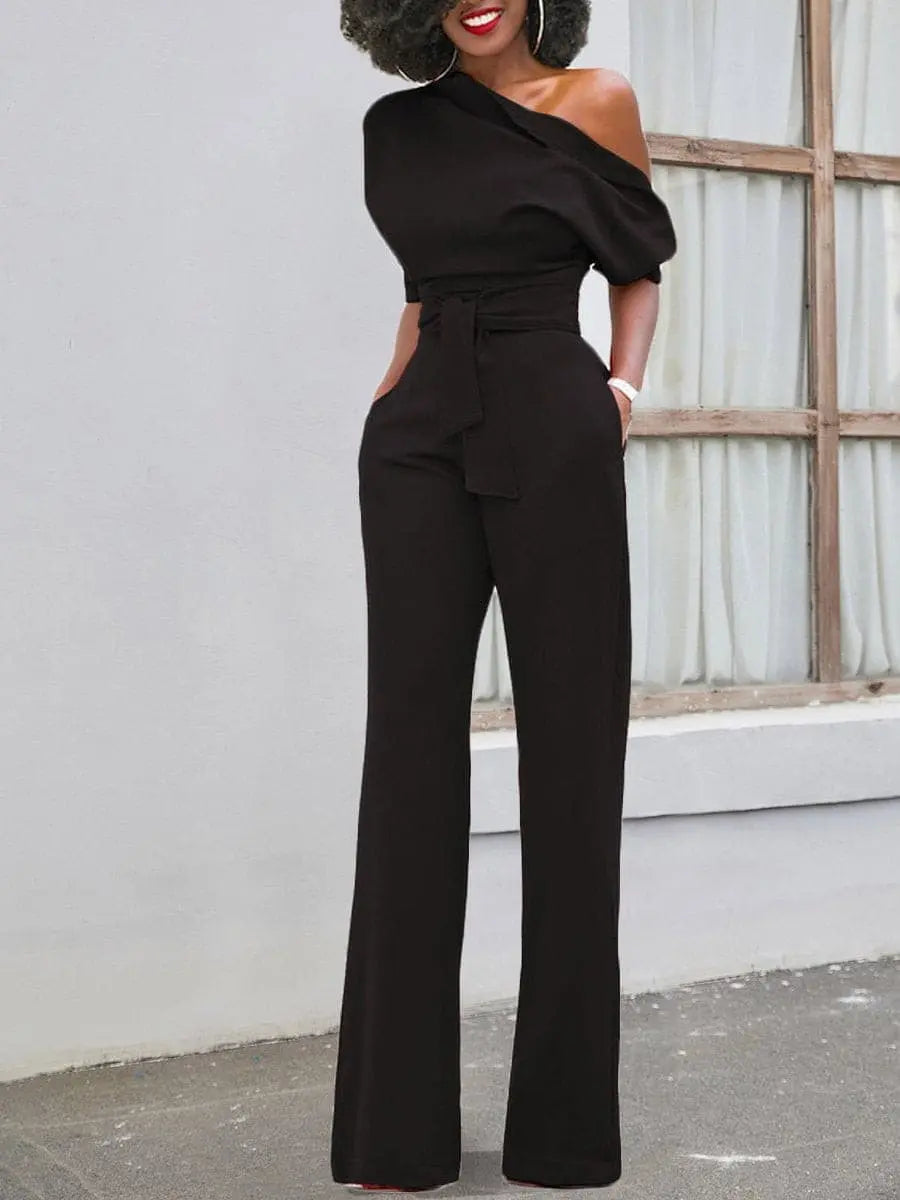 Sloping Shoulder Belted Jumpsuit