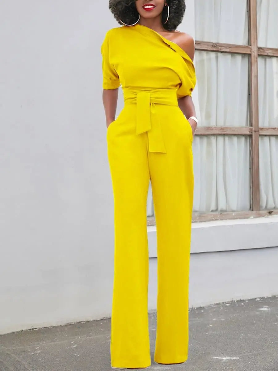 Sloping Shoulder Belted Jumpsuit