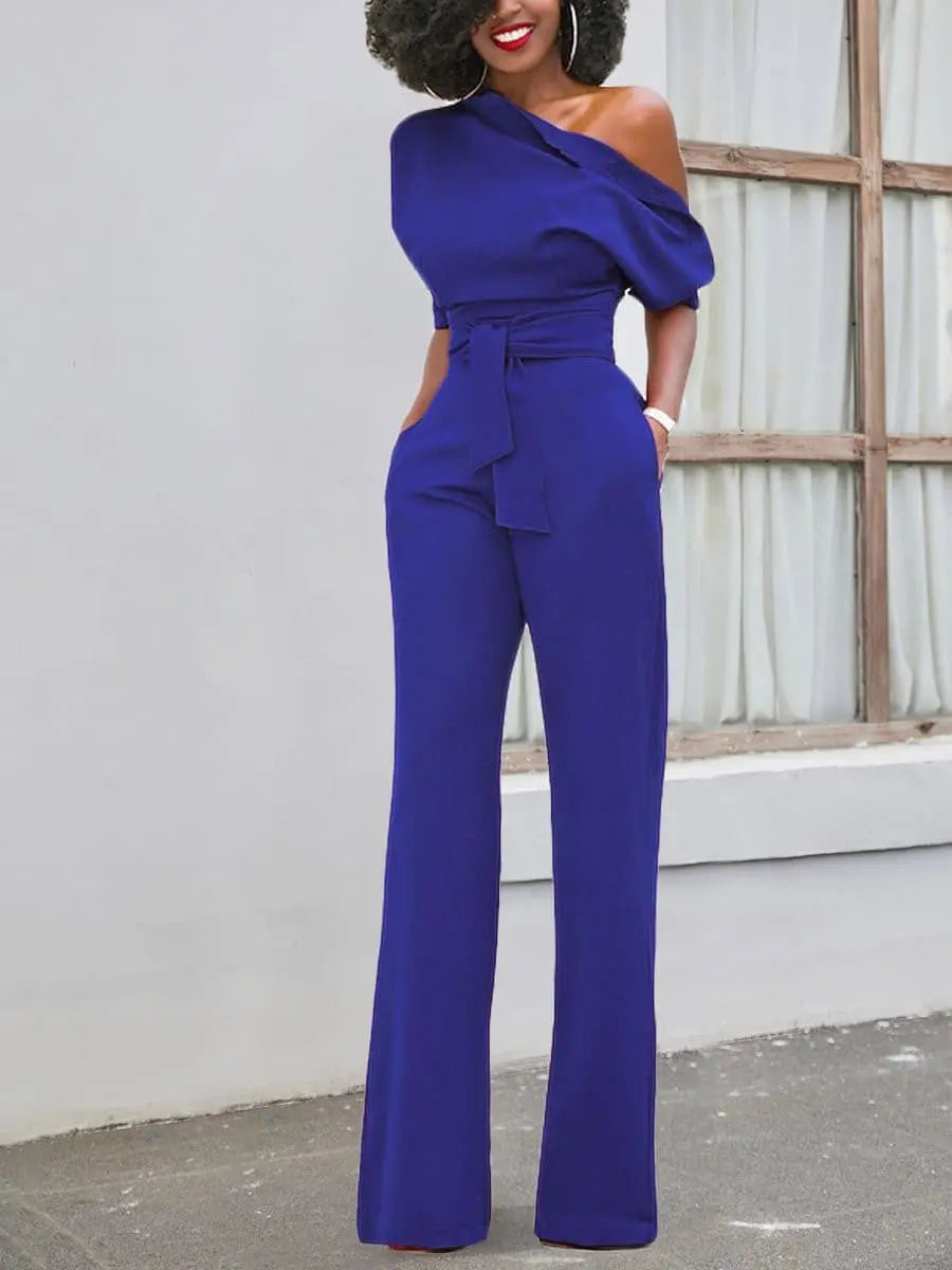 Sloping Shoulder Belted Jumpsuit