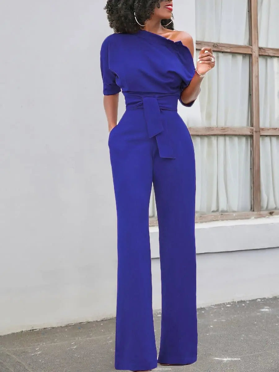 Sloping Shoulder Belted Jumpsuit