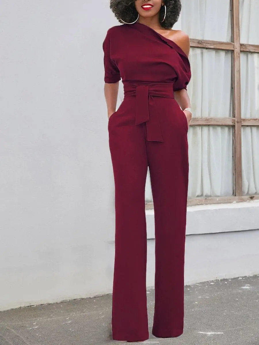 Sloping Shoulder Belted Jumpsuit