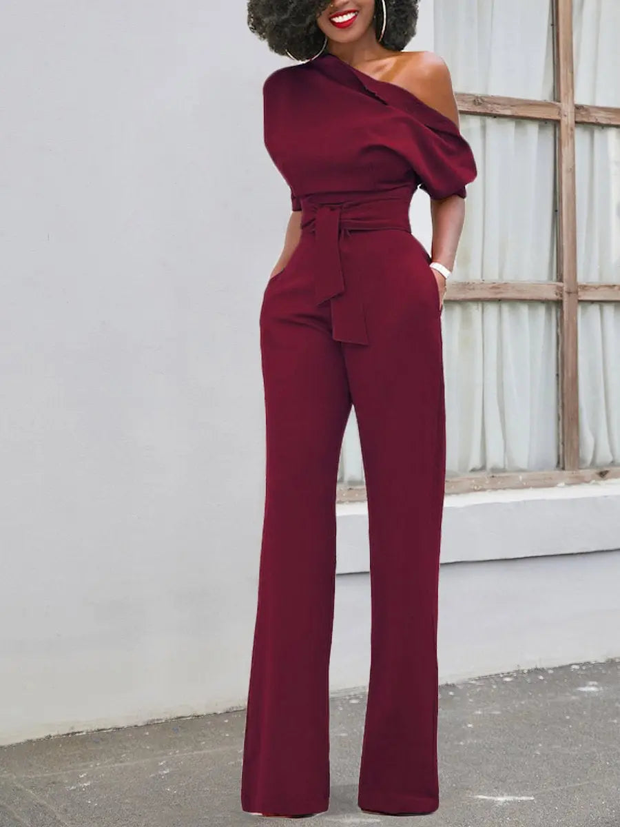 Sloping Shoulder Belted Jumpsuit