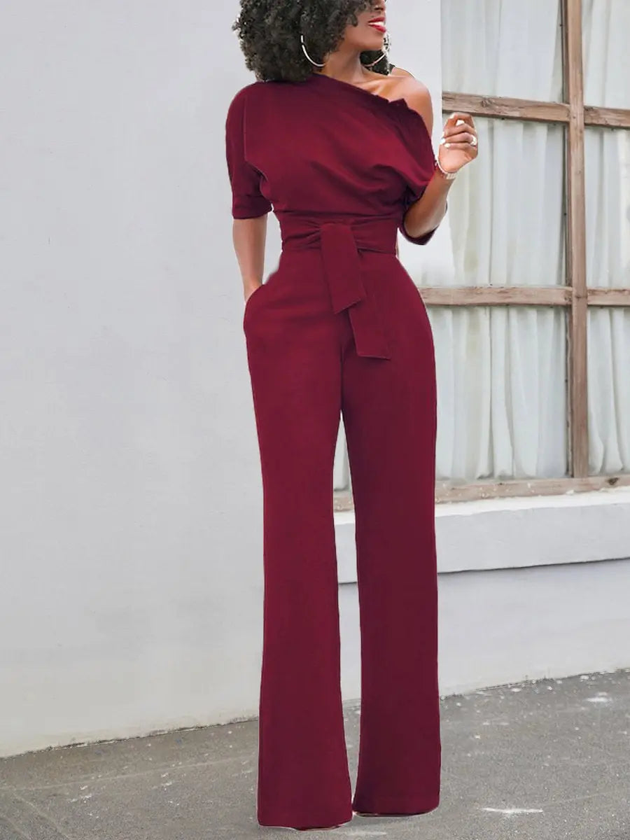 Sloping Shoulder Belted Jumpsuit