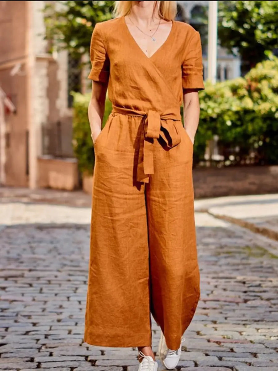 V-Neck Short Sleeve Jumpsuit