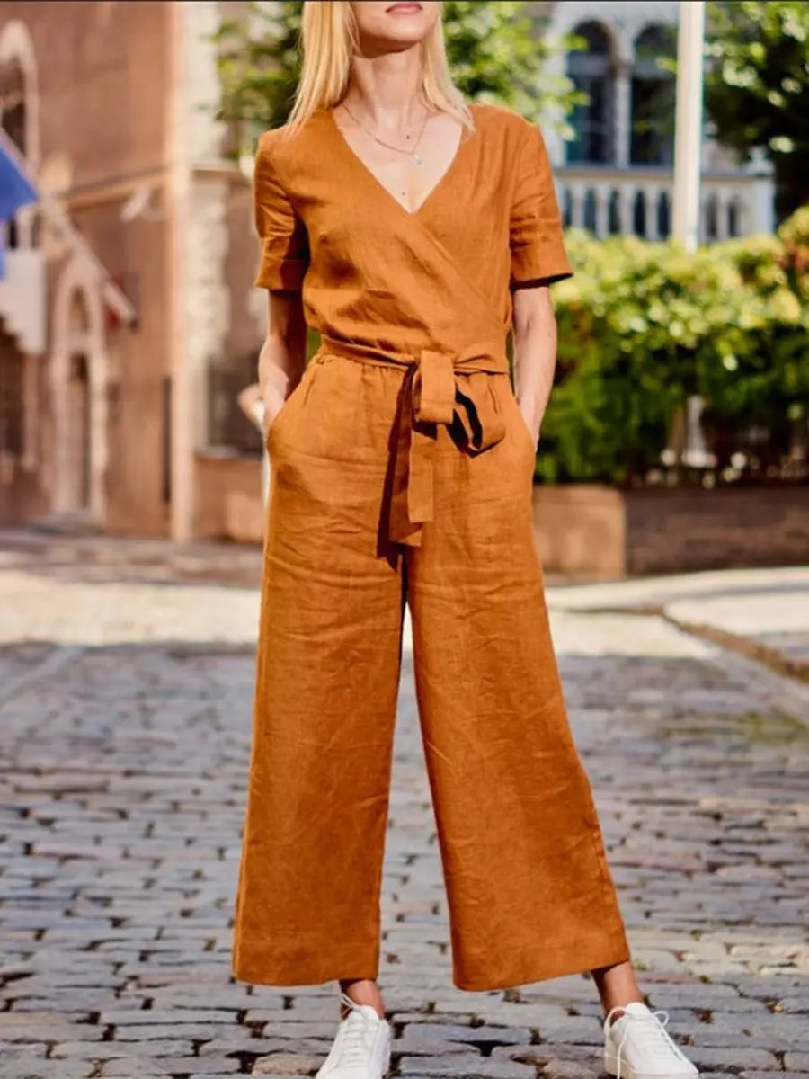 V-Neck Short Sleeve Jumpsuit