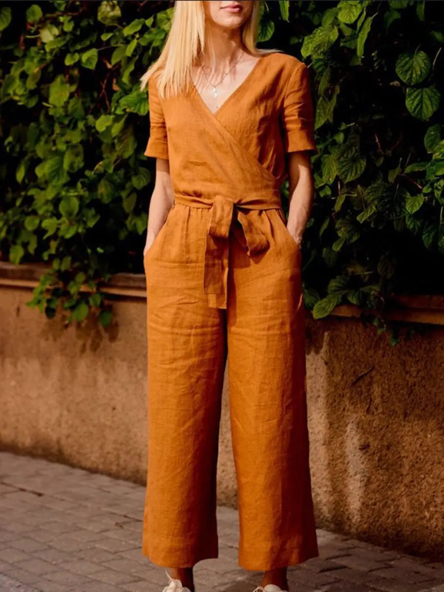 V-Neck Short Sleeve Jumpsuit