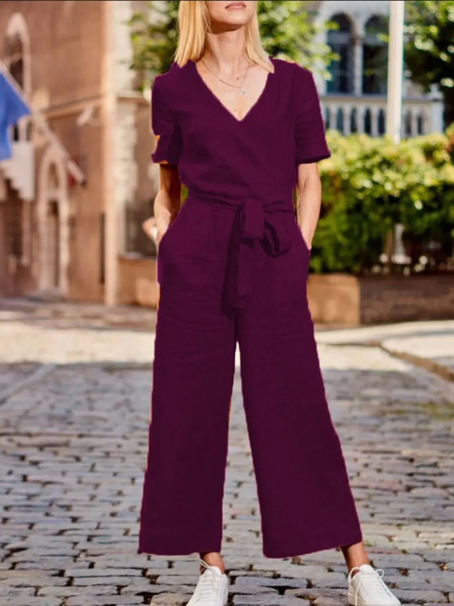 V-Neck Short Sleeve Jumpsuit