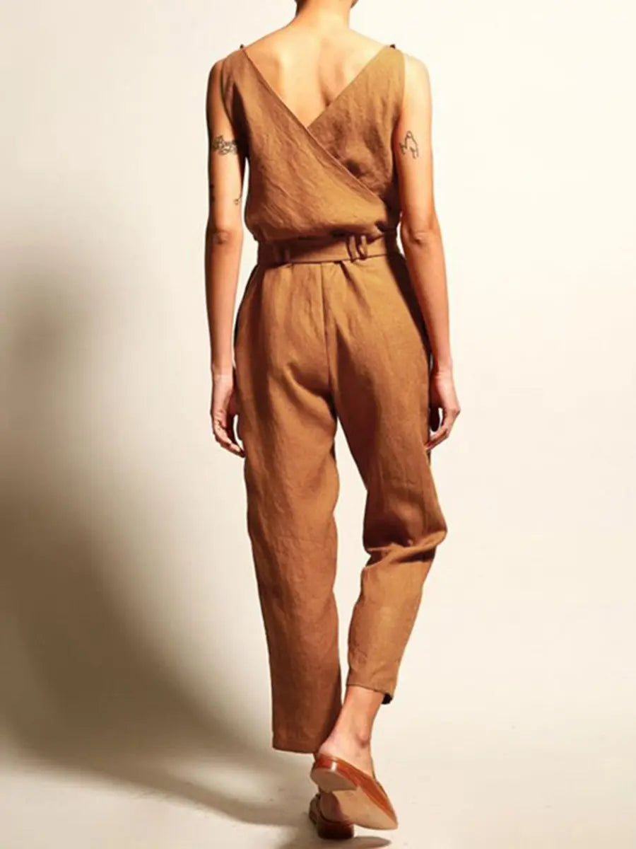 V Neck Belted Jumpsuit