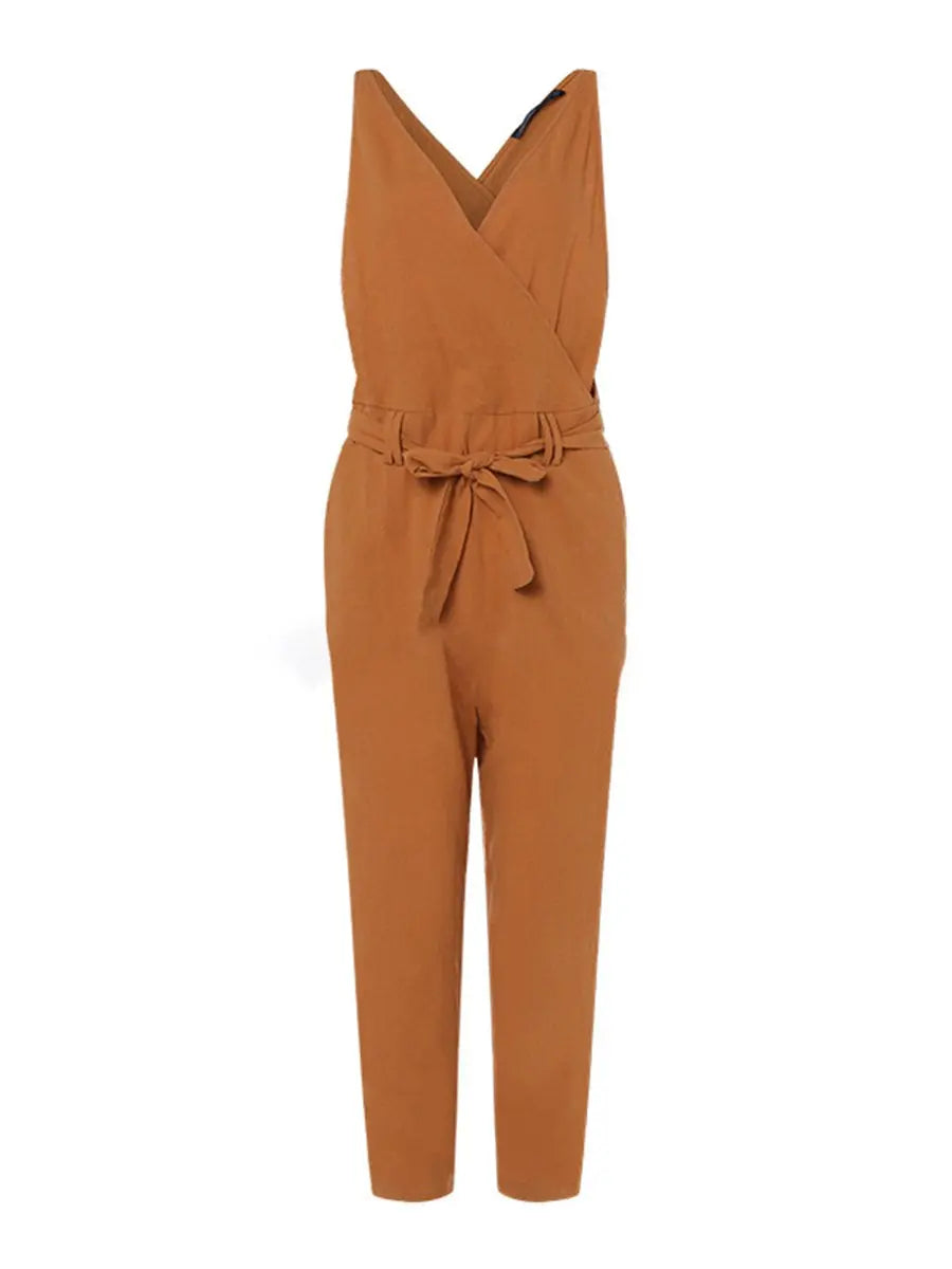 V Neck Belted Jumpsuit