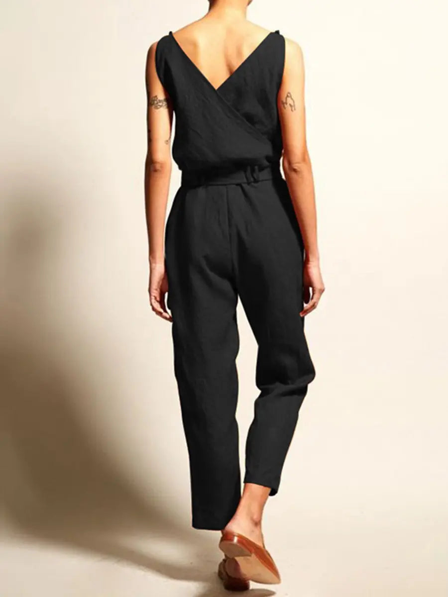V Neck Belted Jumpsuit