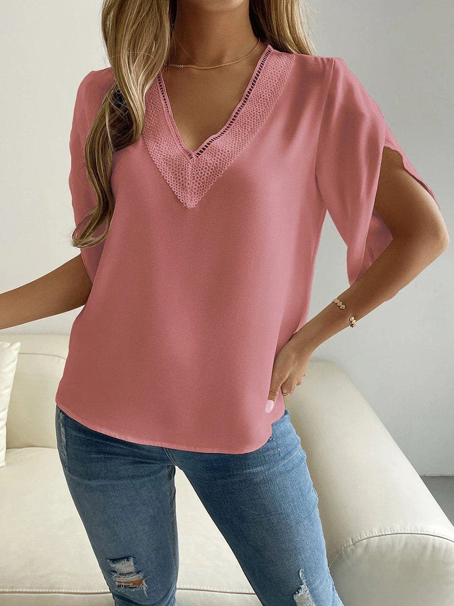 V-Neck Sleeve Lace Chiffon Tops